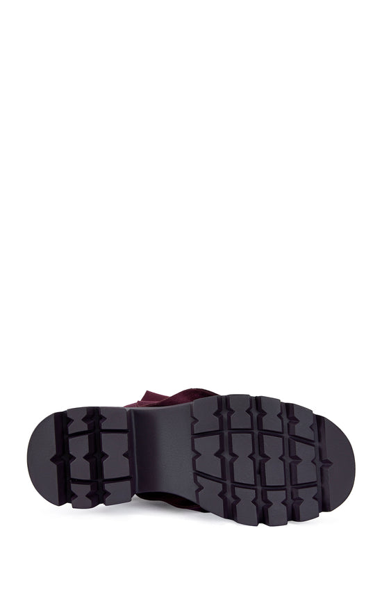 fashion forward ombre purple faux suede ankle length combat booties with an adjustable snap overlay