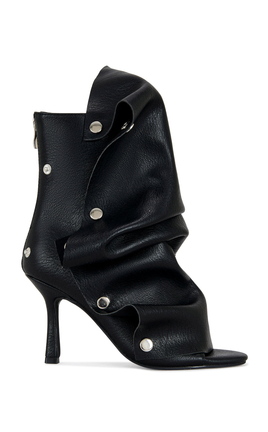black faux leather stiletto peep-toe bootie with a slouch overlay and functional snaps that give an edgy look