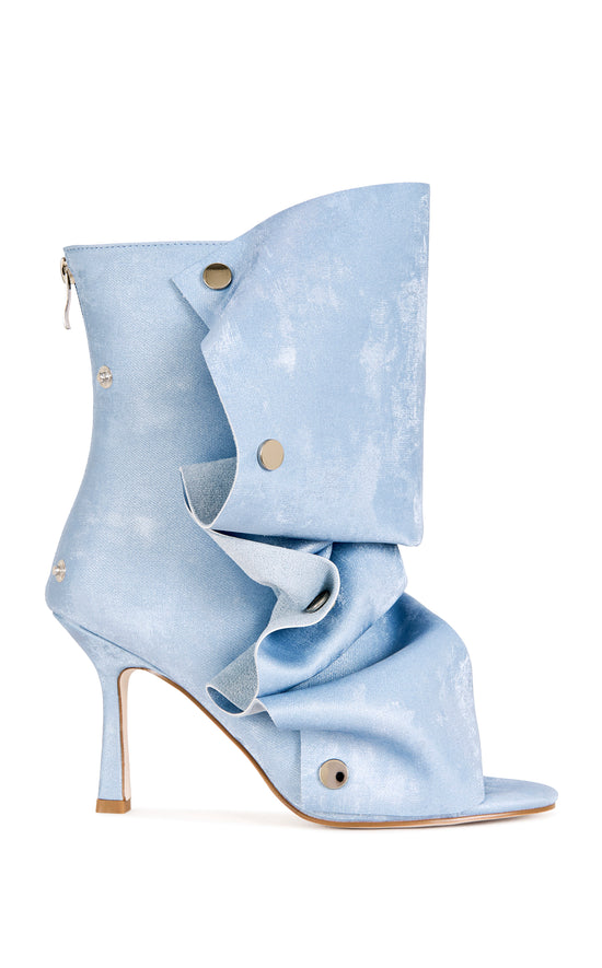 BIRDSONG-DENIM LIQUID LUXE PEEP TOE STILETTO BOOTIE