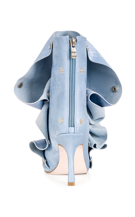 BIRDSONG-DENIM LIQUID LUXE PEEP TOE STILETTO BOOTIE