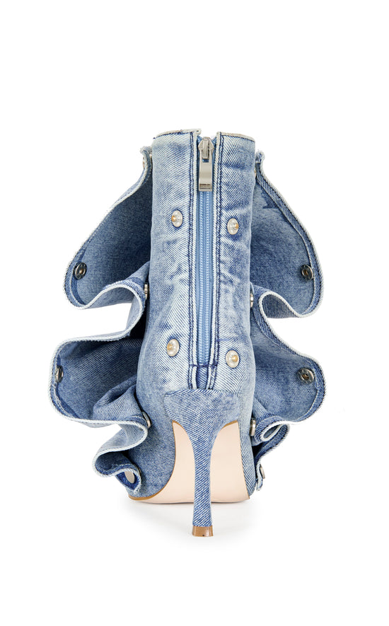 BIRDSONG-LTDENIM PEEP TOE STILETTO BOOTIE