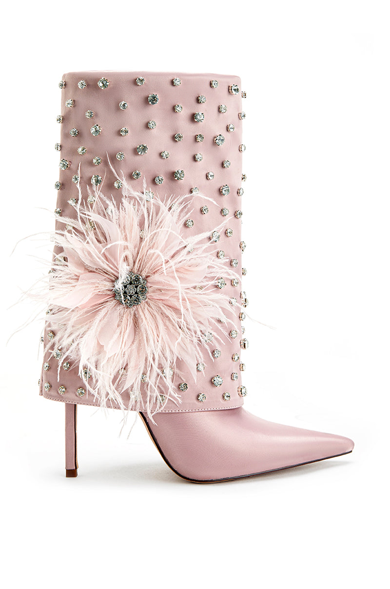 baby pink pointed toe heel boots with fold over and rhinestone and flower detail