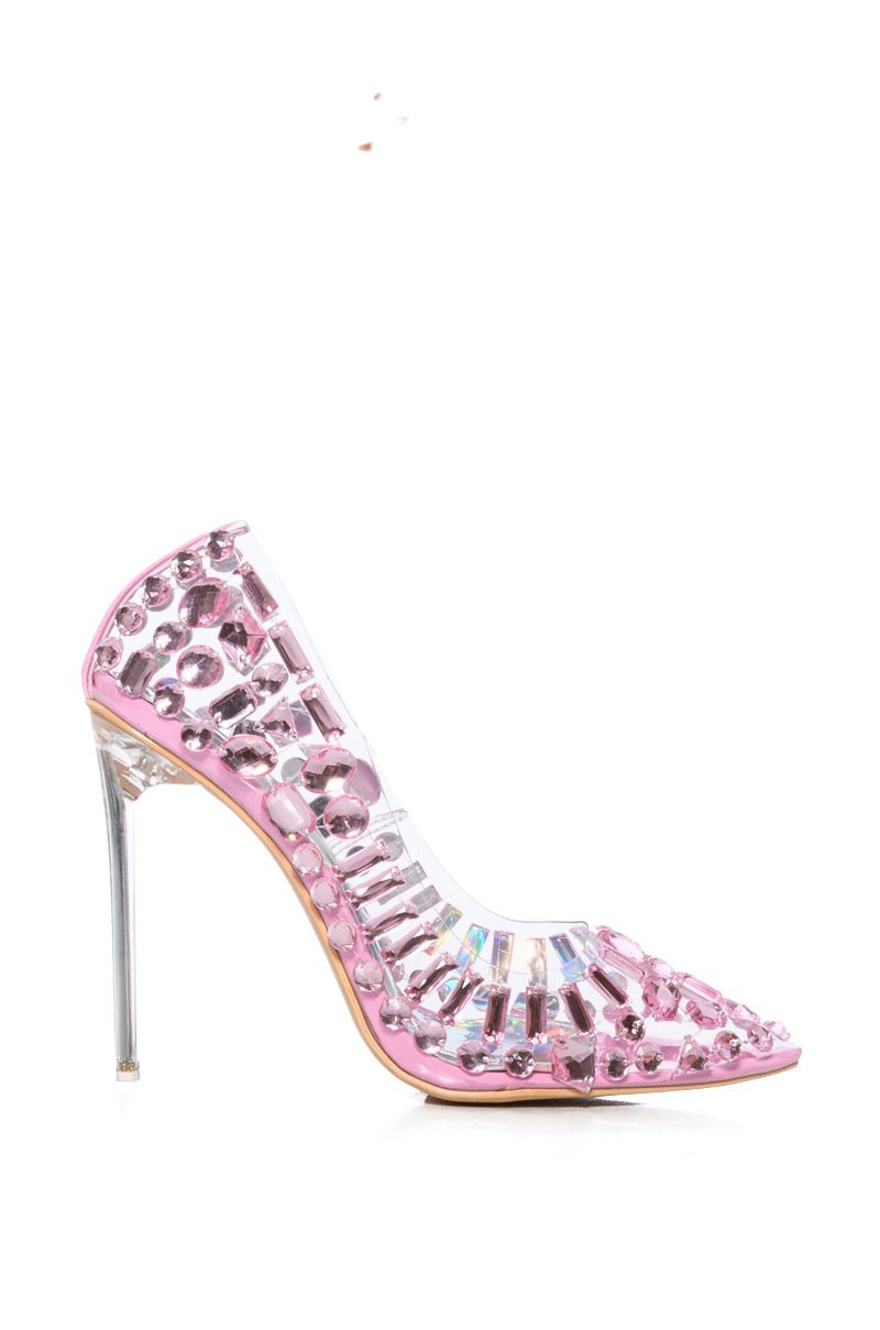 clear heels with baby pink rhinestone gem embellishment