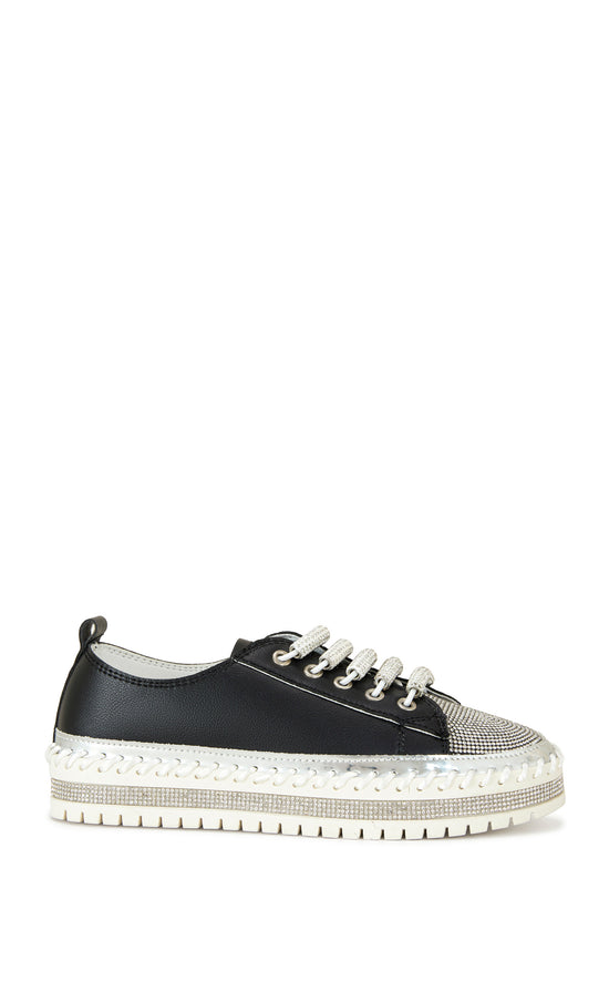 black faux leather statement sneakers with a white platform sole and a crystal embellished toe and side of the sole