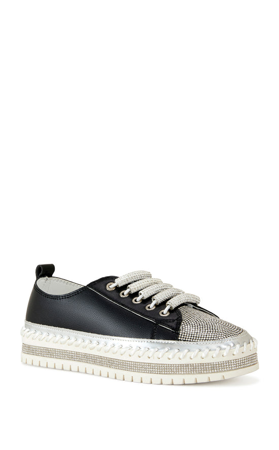 black faux leather statement sneakers with a white platform sole and a crystal embellished toe and side of the sole