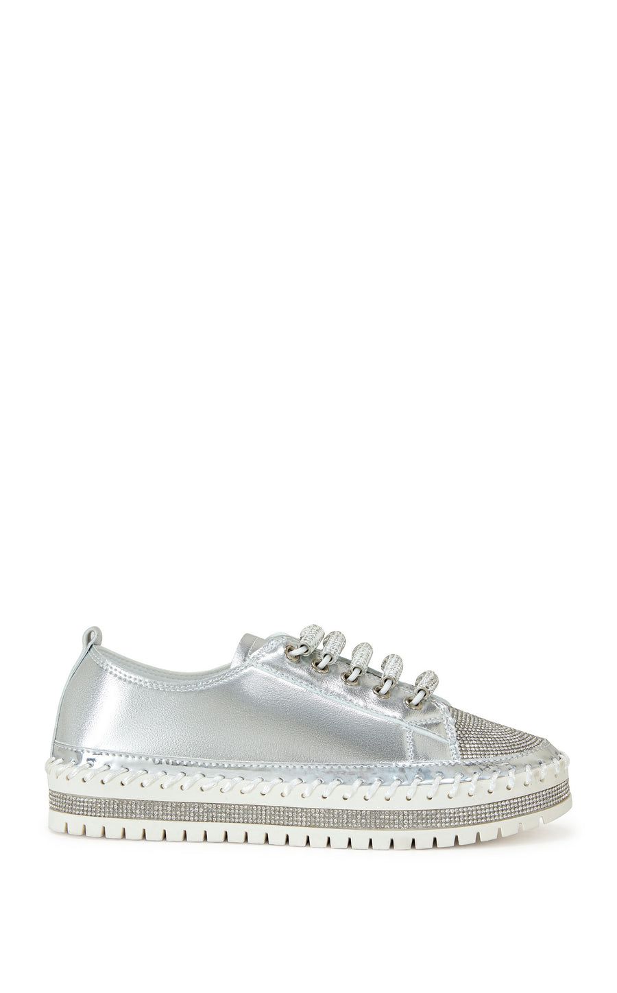 metallic silver faux leather statement sneakers with a white platform sole and a crystal embellished toe and side of the sole