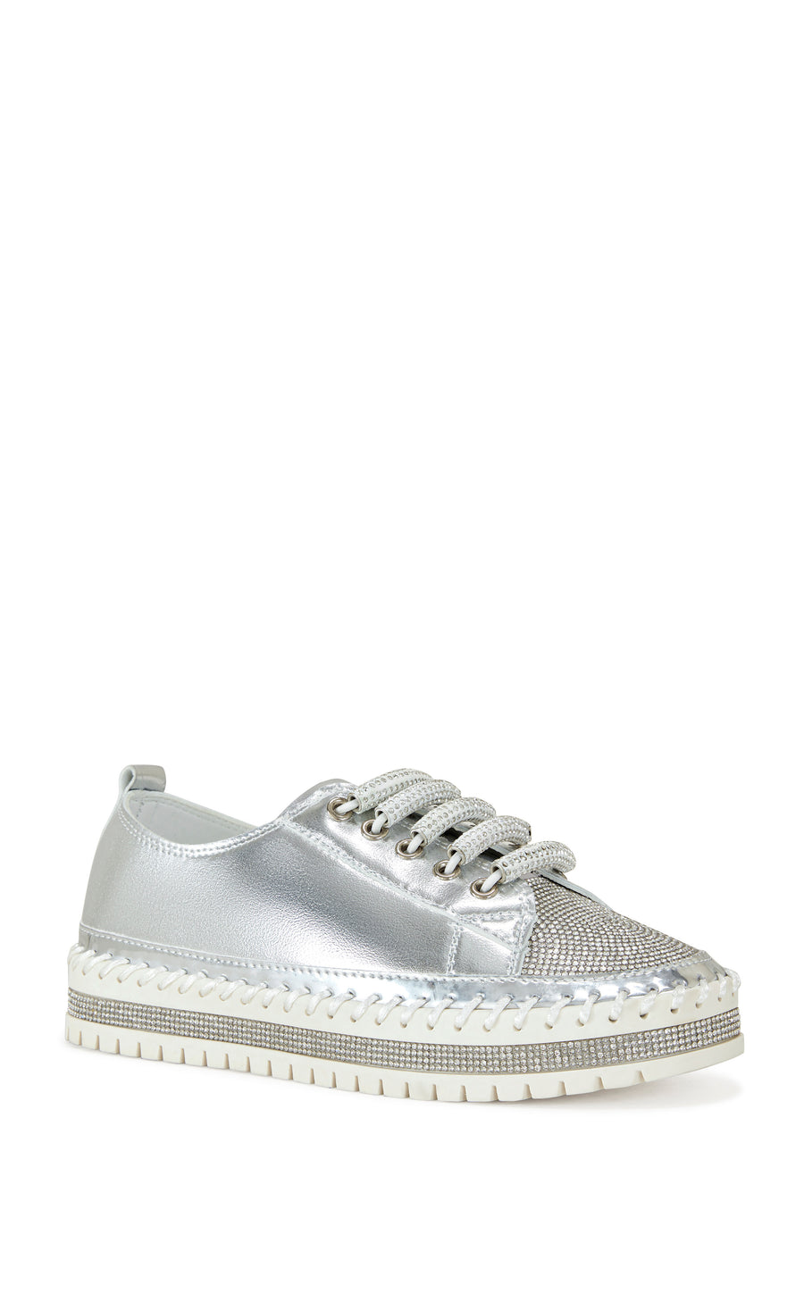 metallic silver faux leather statement sneakers with a white platform sole and a crystal embellished toe and side of the sole