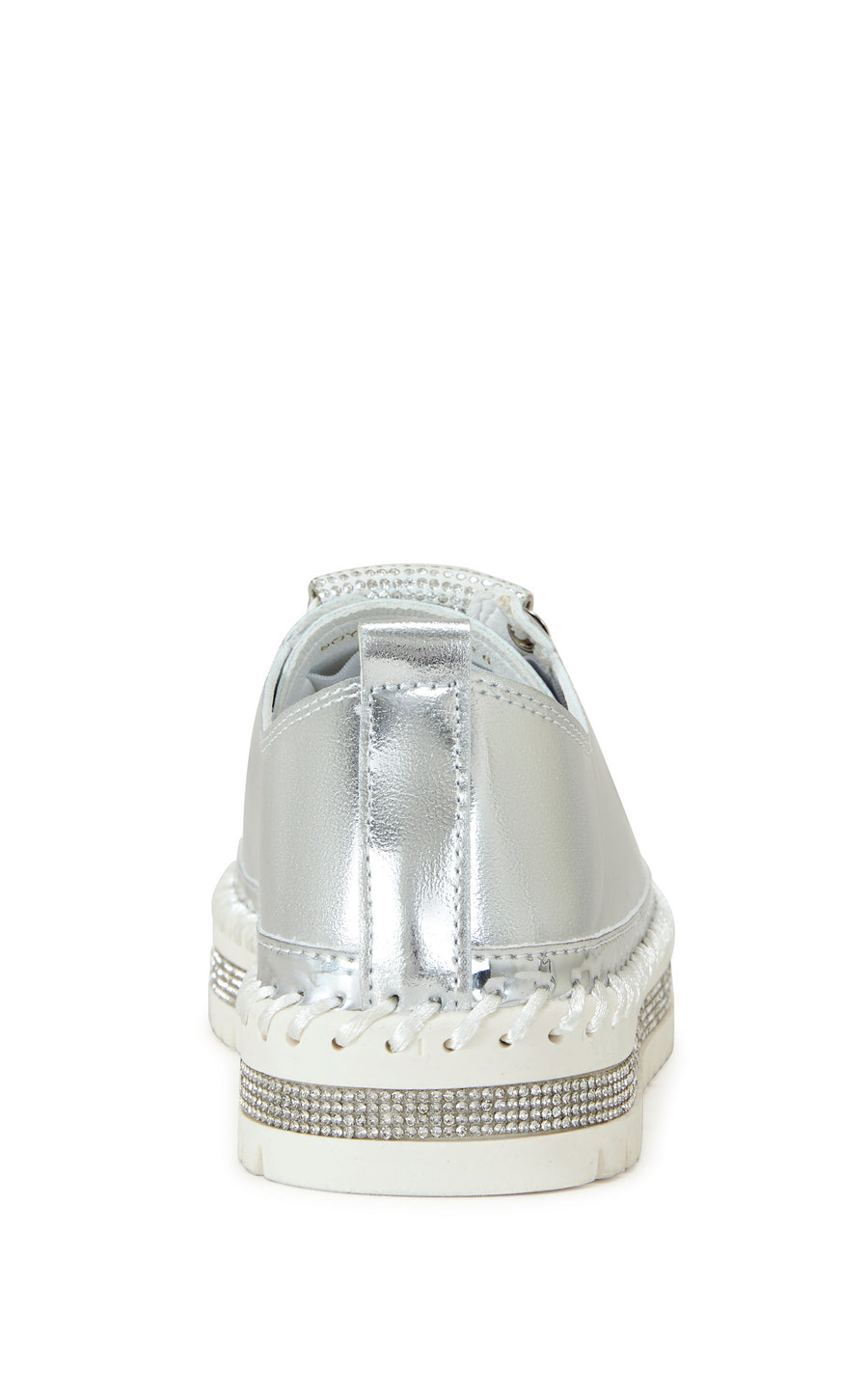 metallic silver faux leather statement sneakers with a white platform sole and a crystal embellished toe and side of the sole