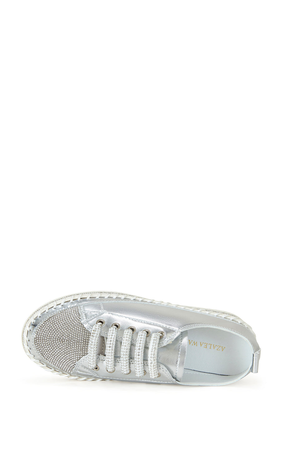 metallic silver faux leather statement sneakers with a white platform sole and a crystal embellished toe and side of the sole