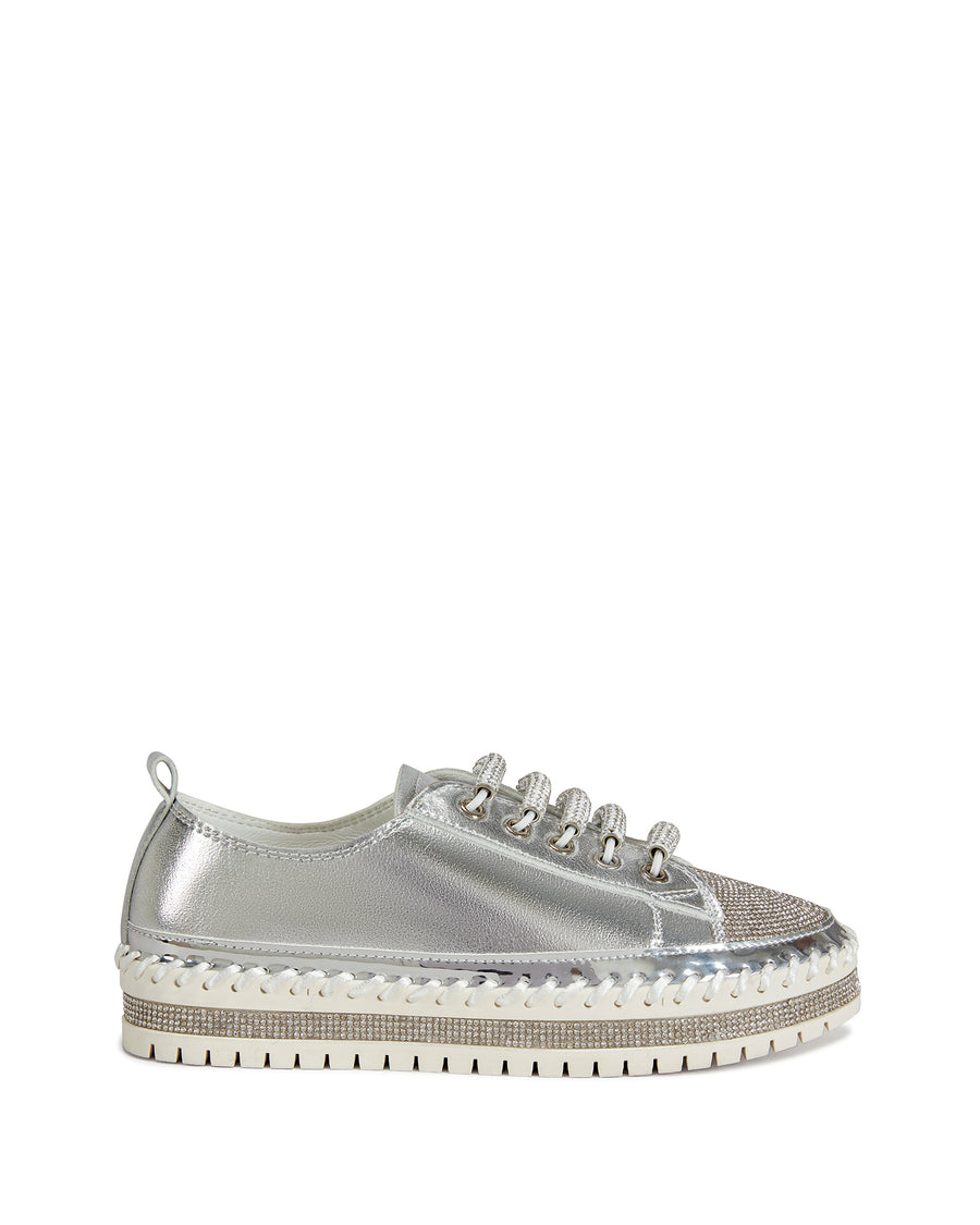 metallic silver faux leather statement sneakers with a white platform sole and a crystal embellished toe and side of the sole