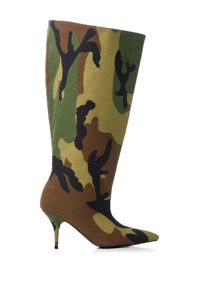 Camo print mid calf flared boots with a pointed toe silhouette and a stiletto heel