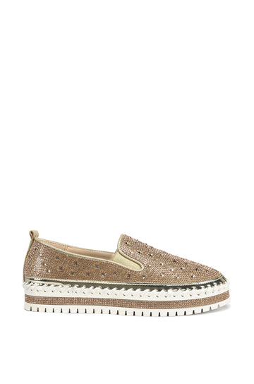 slip on metallic rose gold flat sneakers with crystal rhinestone embellishments and a white braided platform sole