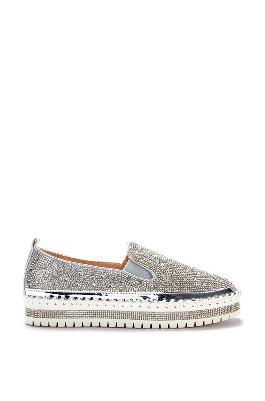 slip on metallic silver flat sneakers with crystal rhinestone embellishments and a white braided platform sole