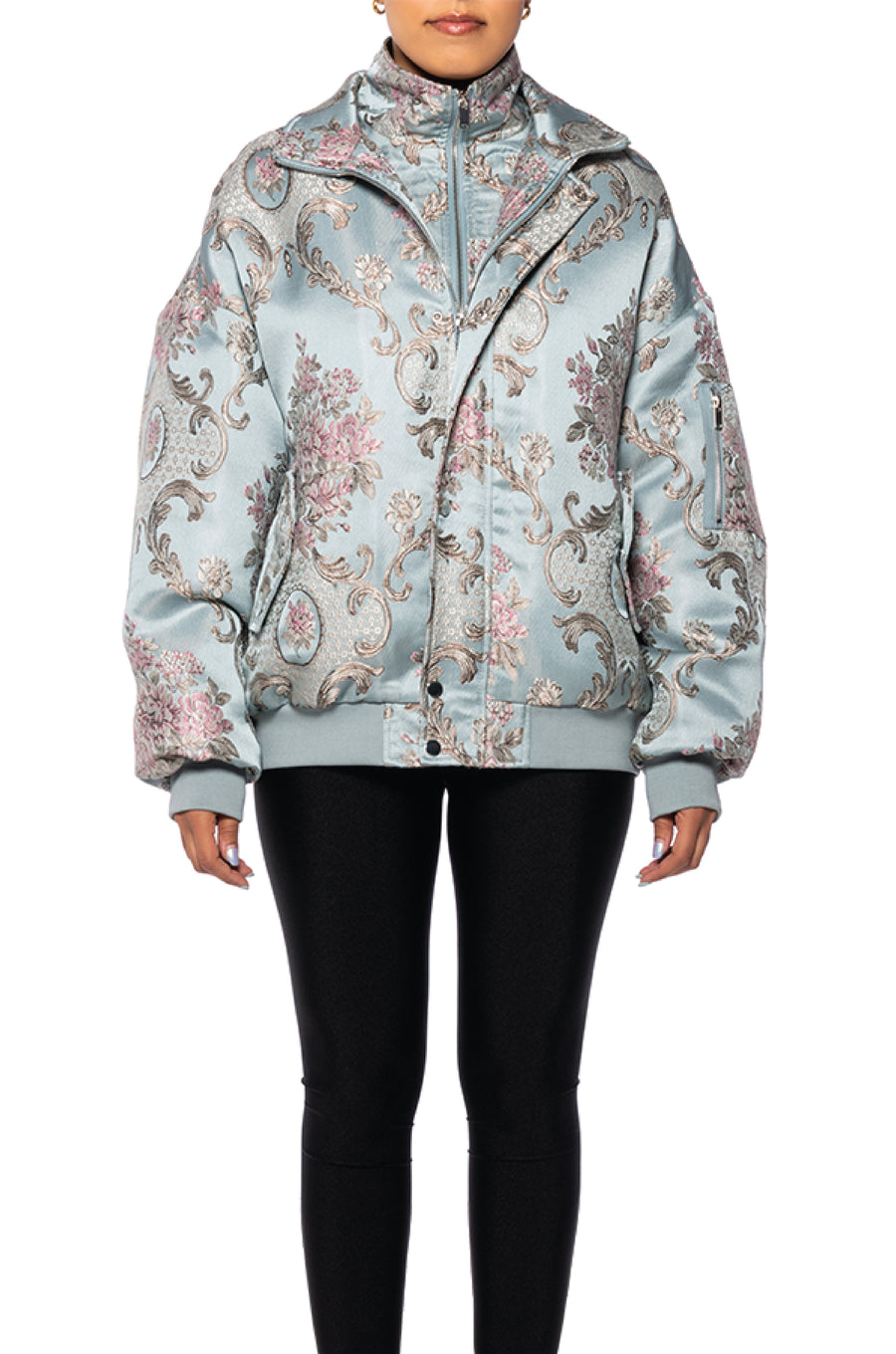 front view of satin blue brocade patterned statement bomber jacket