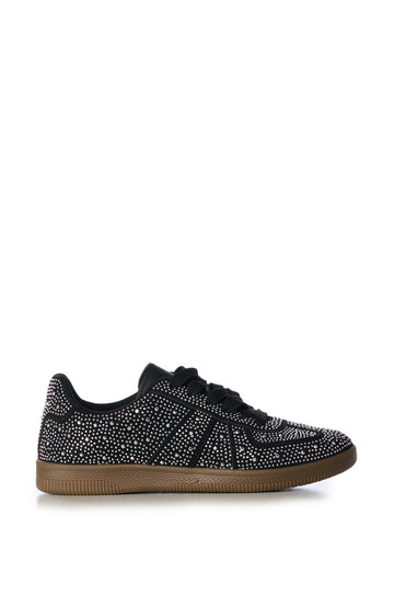 black lace up low top sneakers with silver crystal embellishments