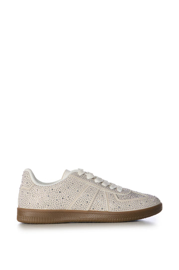 white lace up low top sneakers with silver crystal embellishments