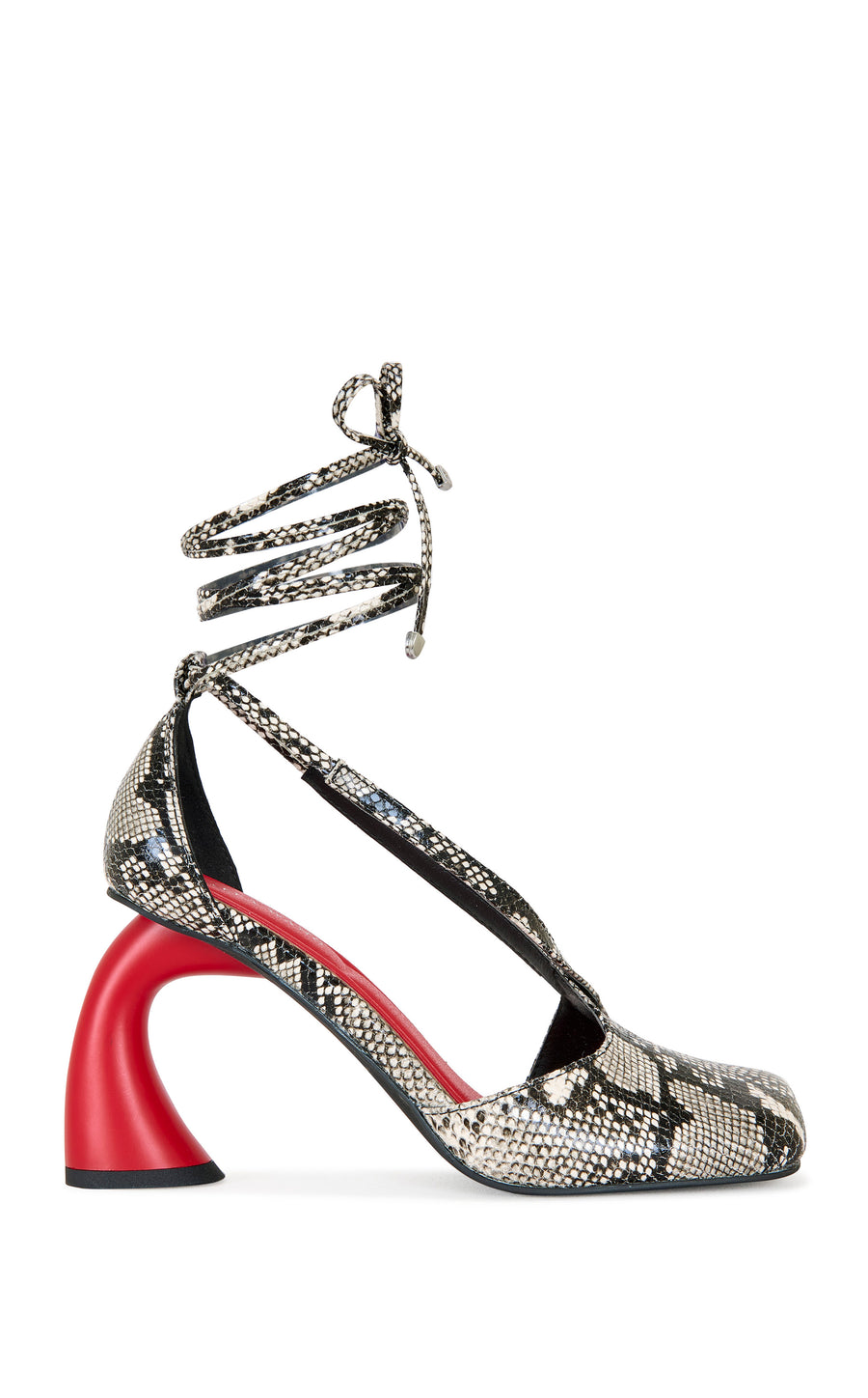FUNKY CURVED HIGH HEEL WITH A STRIKING COLOR CONTRAST OF SNAKESKIN WITH PEPPER RED AND A WRAP AROUND DETAIL WITH A SQUARE TOE