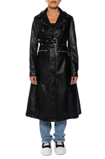 moto jacket silhouette faux leather trench coat with cinched waist belt