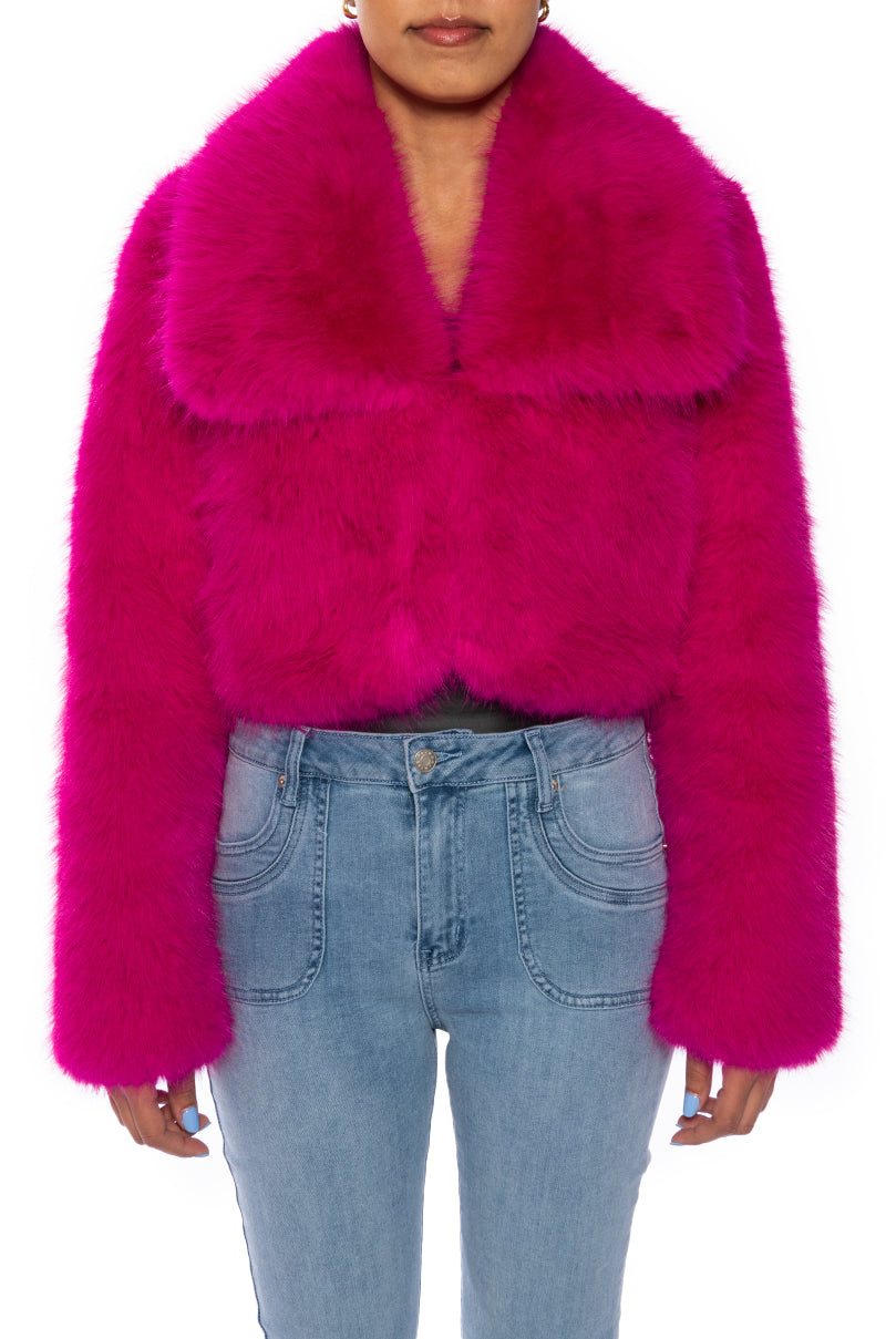 front view of luxurious pink faux fur cropped jacket