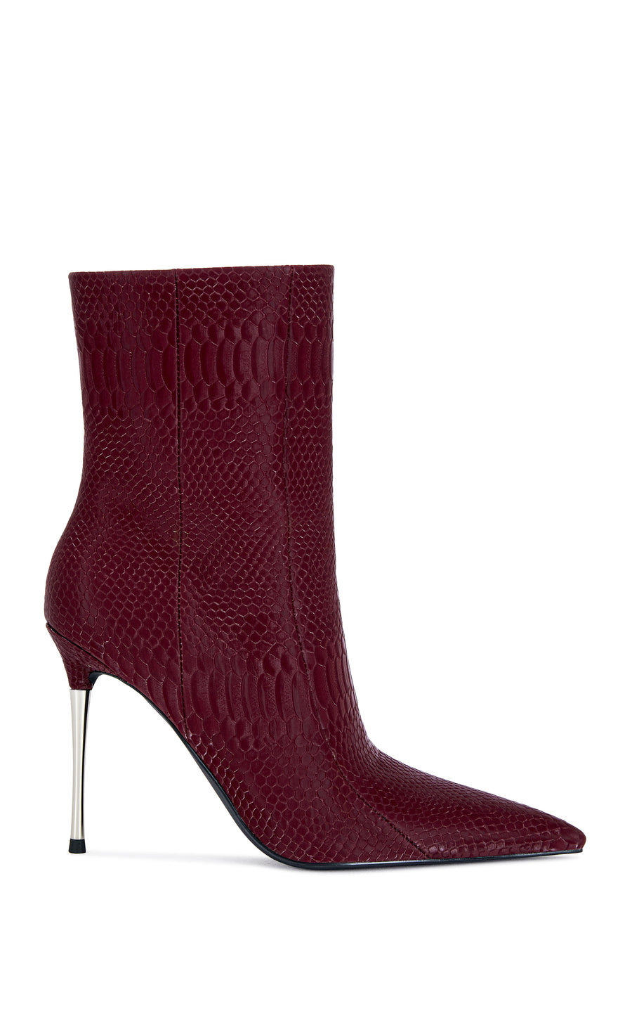 burgundy faux snake skin statement stiletto bootie with a silver pointed toe and a pointed toe silhouette