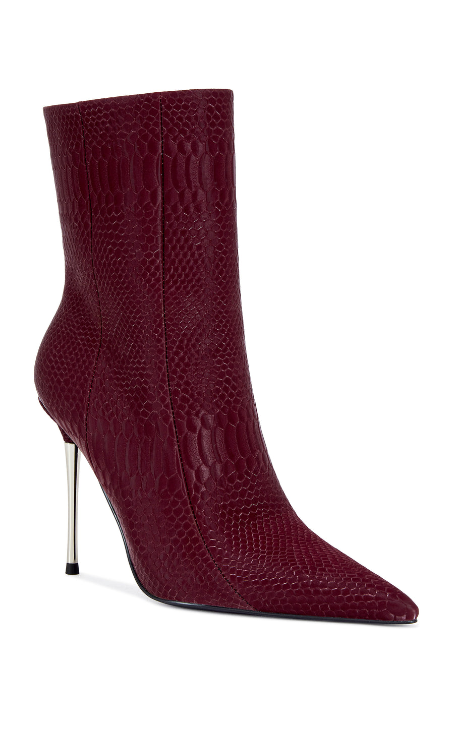burgundy faux snake skin statement stiletto bootie with a silver pointed toe and a pointed toe silhouette