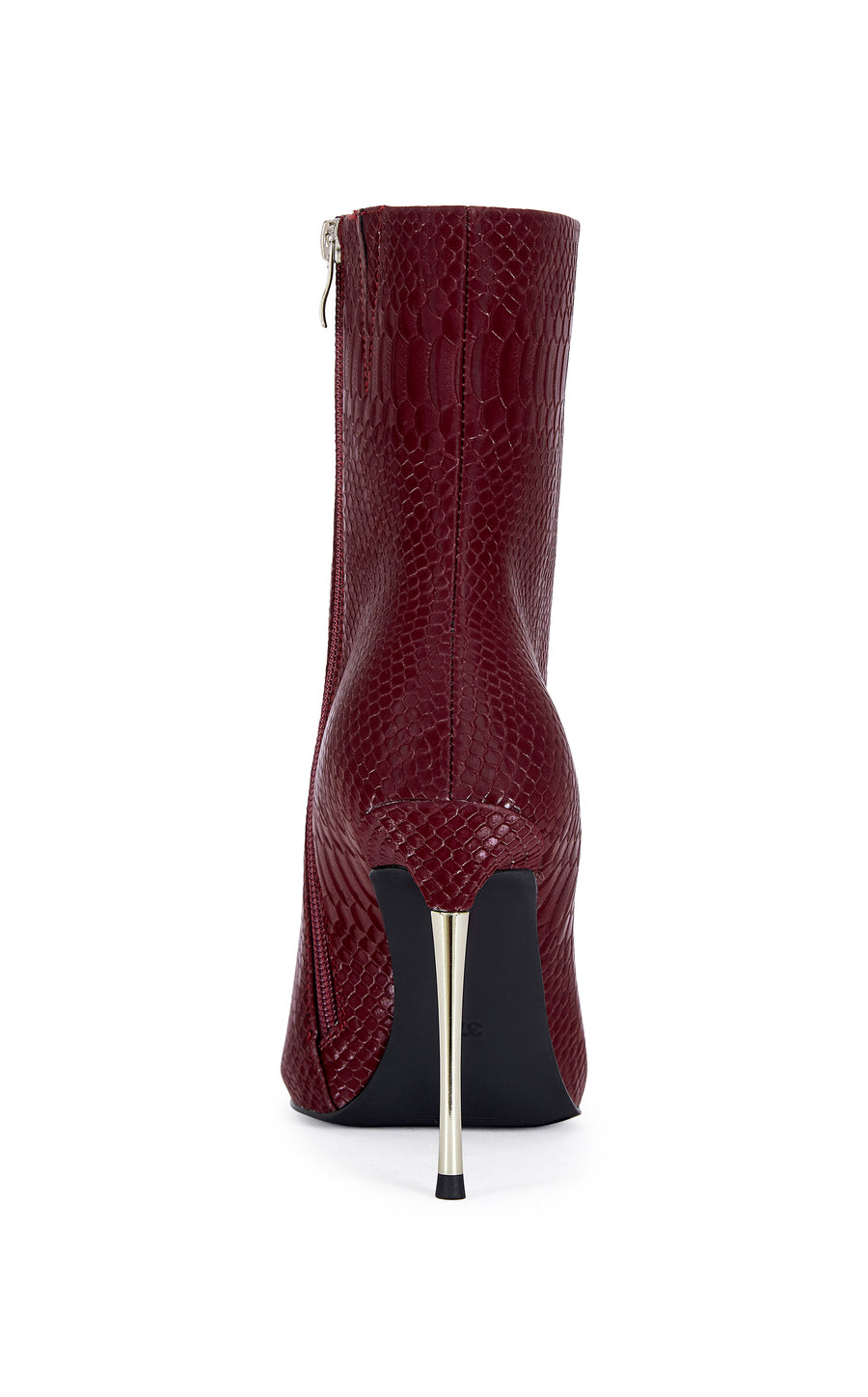 burgundy faux snake skin statement stiletto bootie with a silver pointed toe and a pointed toe silhouette