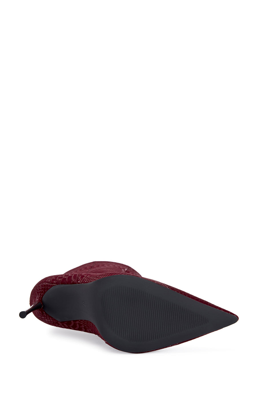 burgundy faux snake skin statement stiletto bootie with a silver pointed toe and a pointed toe silhouette