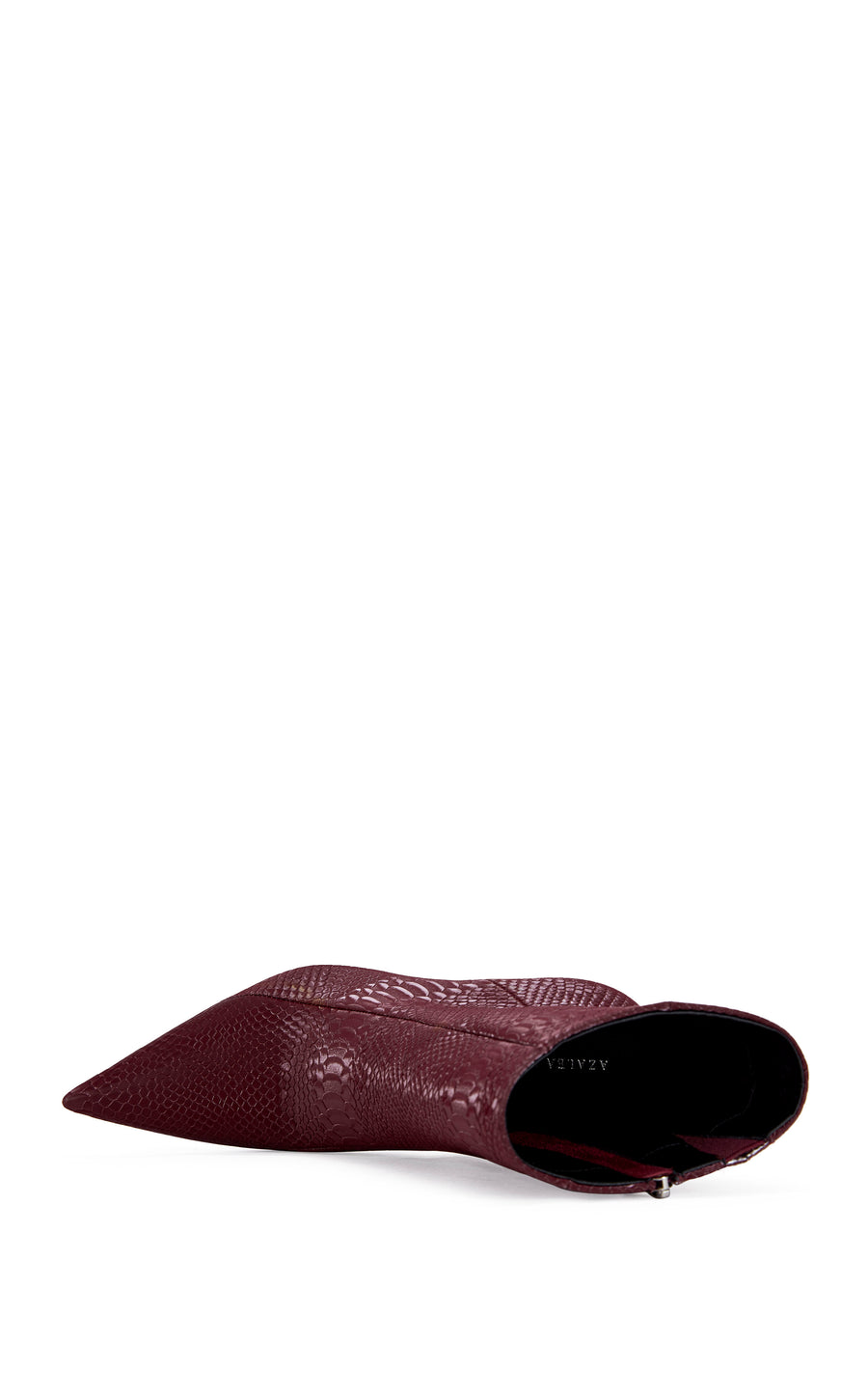 burgundy faux snake skin statement stiletto bootie with a silver pointed toe and a pointed toe silhouette