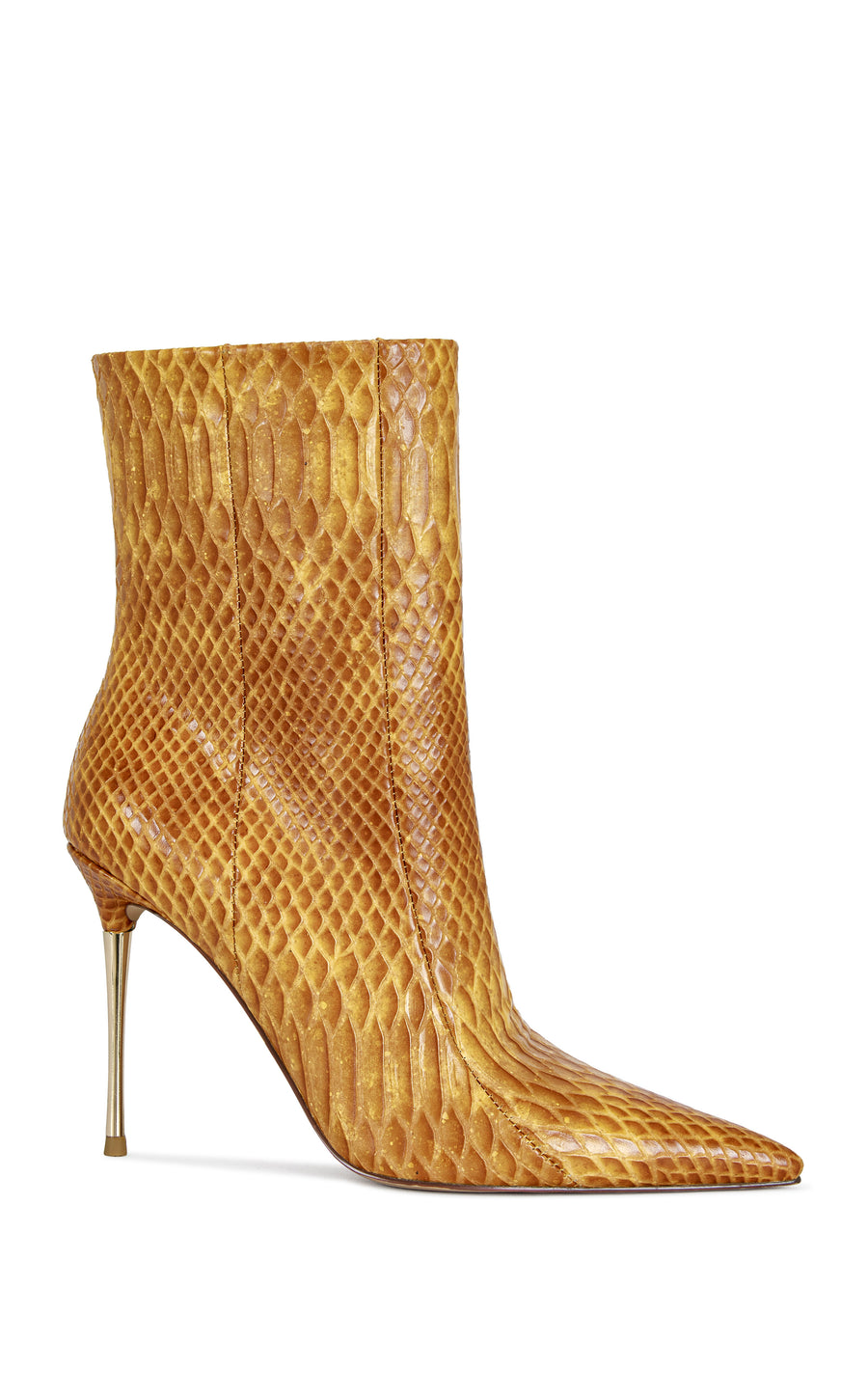 orange  faux snake skin statement stiletto bootie with a silver pointed toe and a pointed toe silhouette
