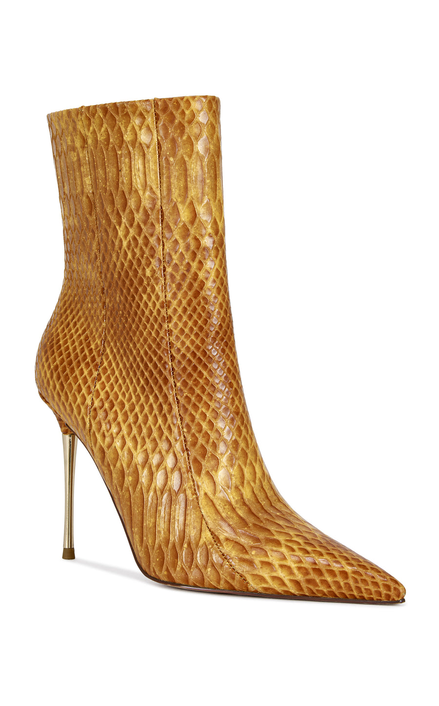orange  faux snake skin statement stiletto bootie with a silver pointed toe and a pointed toe silhouette