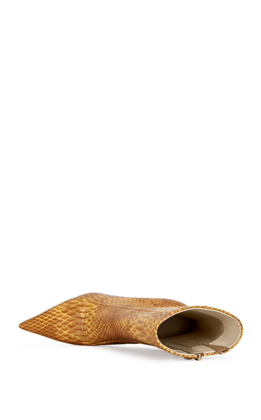 orange  faux snake skin statement stiletto bootie with a silver pointed toe and a pointed toe silhouette