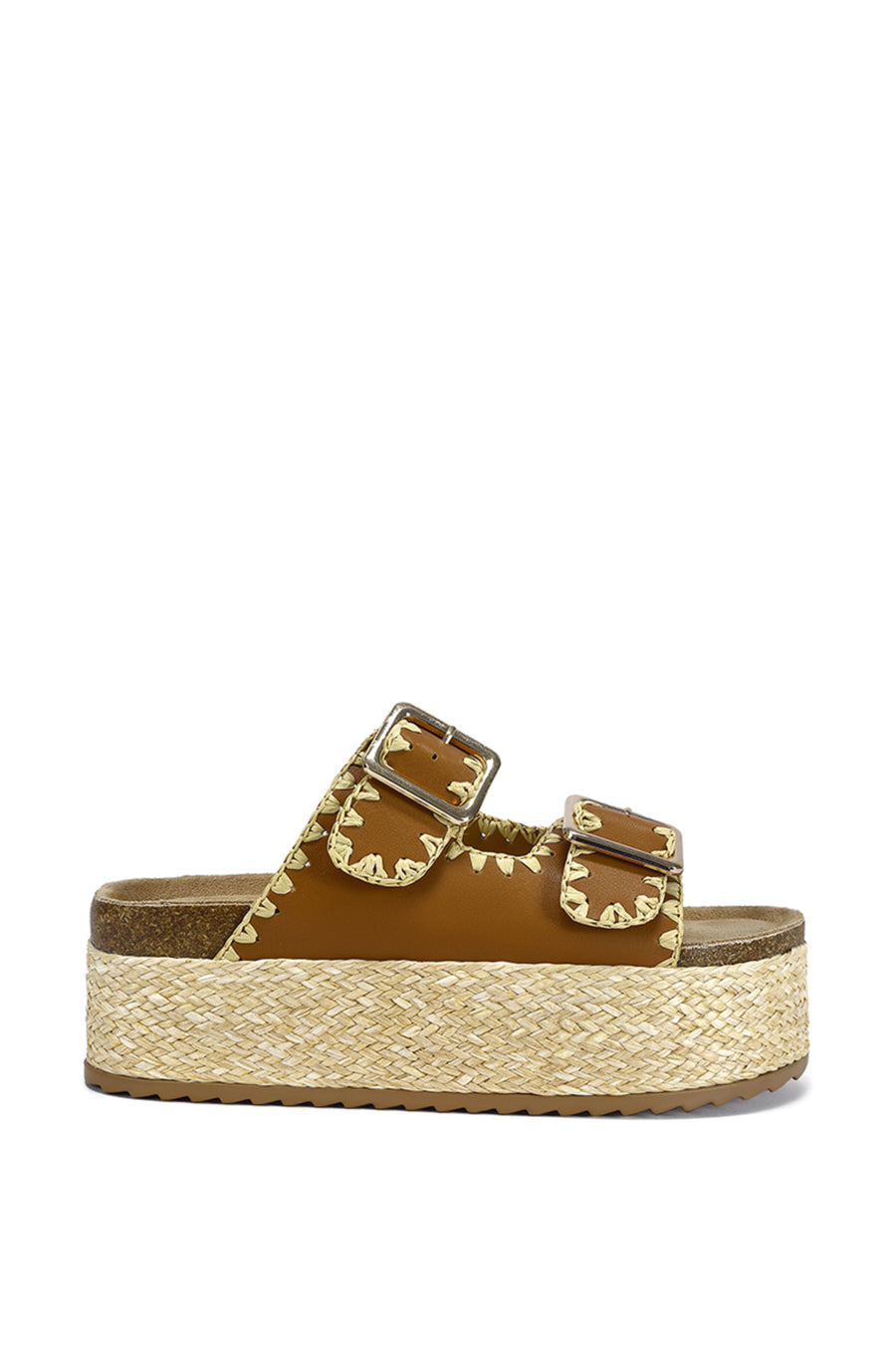 brown platform flat sandals with braided raffia along the sole and buckled double straps