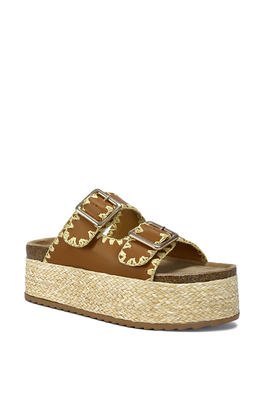 brown platform flat sandals with braided raffia along the sole and buckled double straps