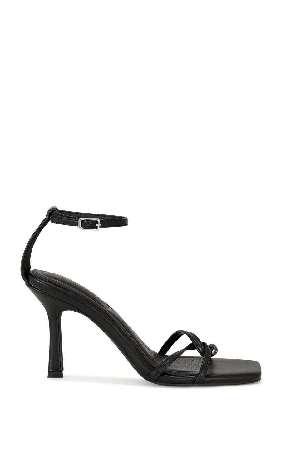 black faux leather open toe strappy sandals with a stiletto heel and adjustable ankle strap