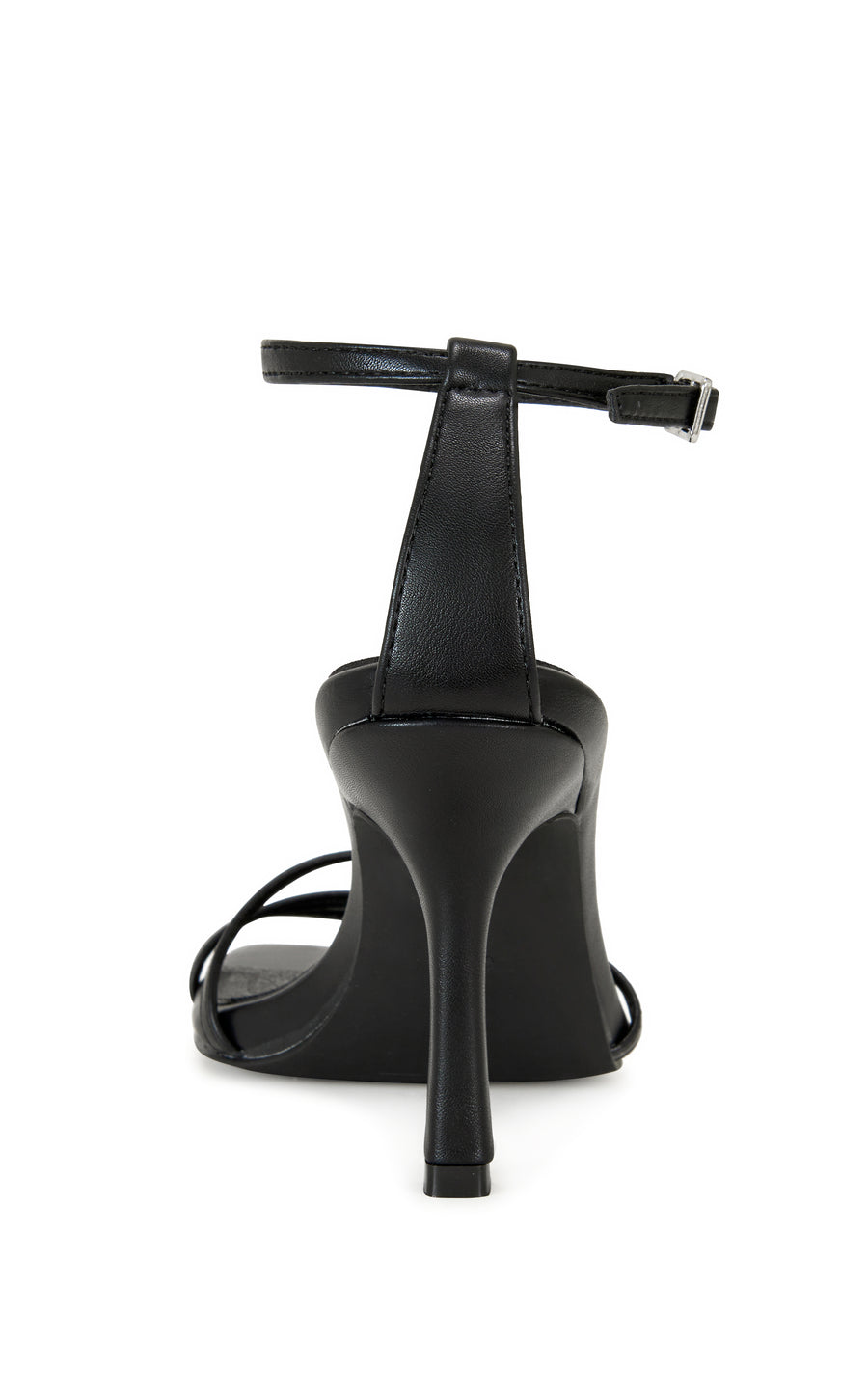 black faux leather open toe strappy sandals with a stiletto heel and adjustable ankle strap