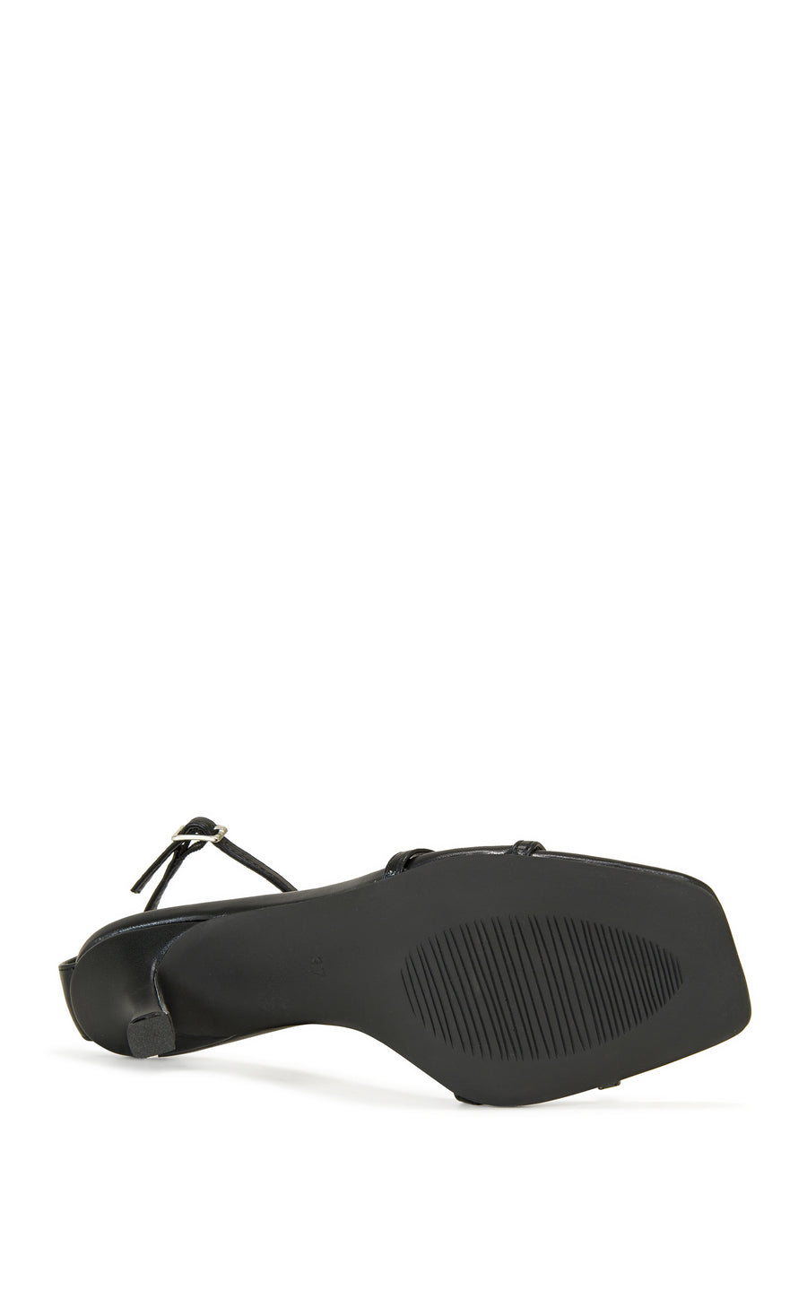 black faux leather open toe strappy sandals with a stiletto heel and adjustable ankle strap