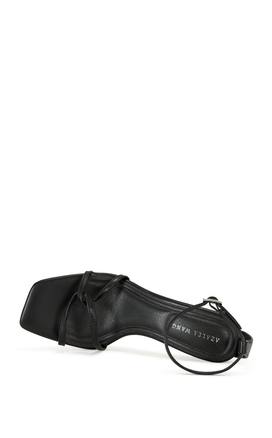 black faux leather open toe strappy sandals with a stiletto heel and adjustable ankle strap