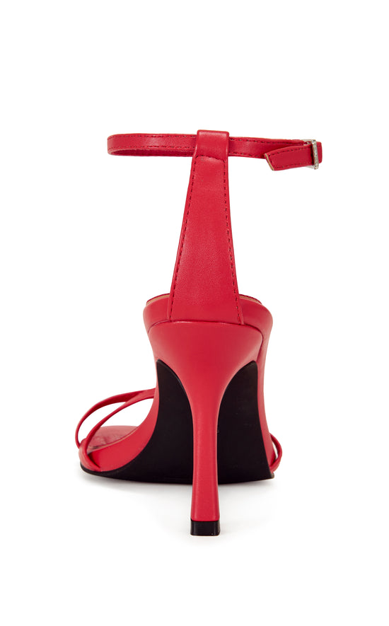 red faux leather open toe strappy sandals with a stiletto heel and adjustable ankle strap