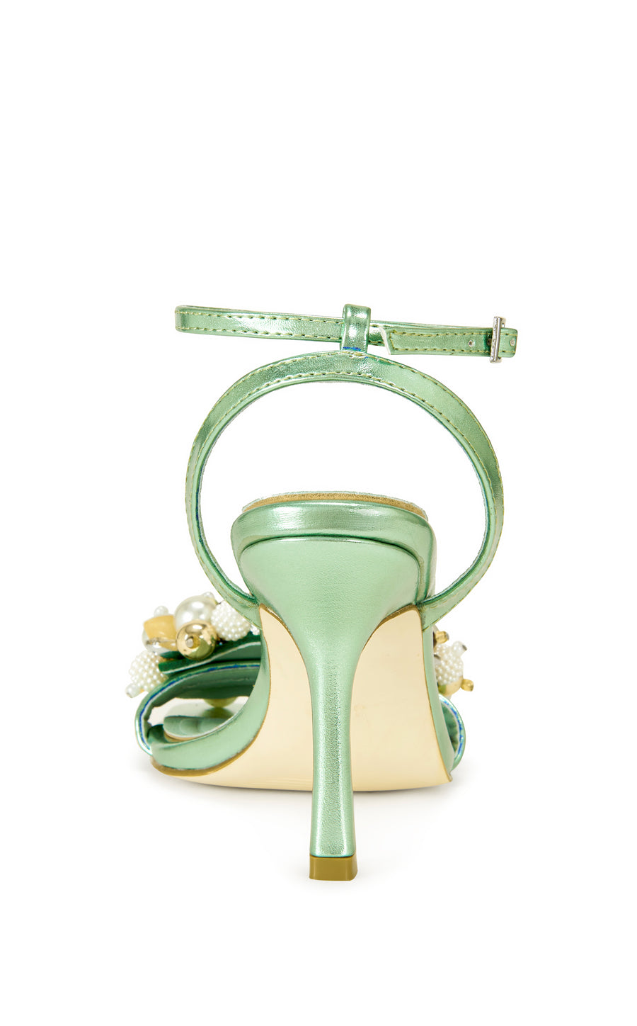 metallic mint green faux leather open toe statement sandals with a stiletto heel, adjustable ankle strap, and faux pearl and seashell embellished foot strap