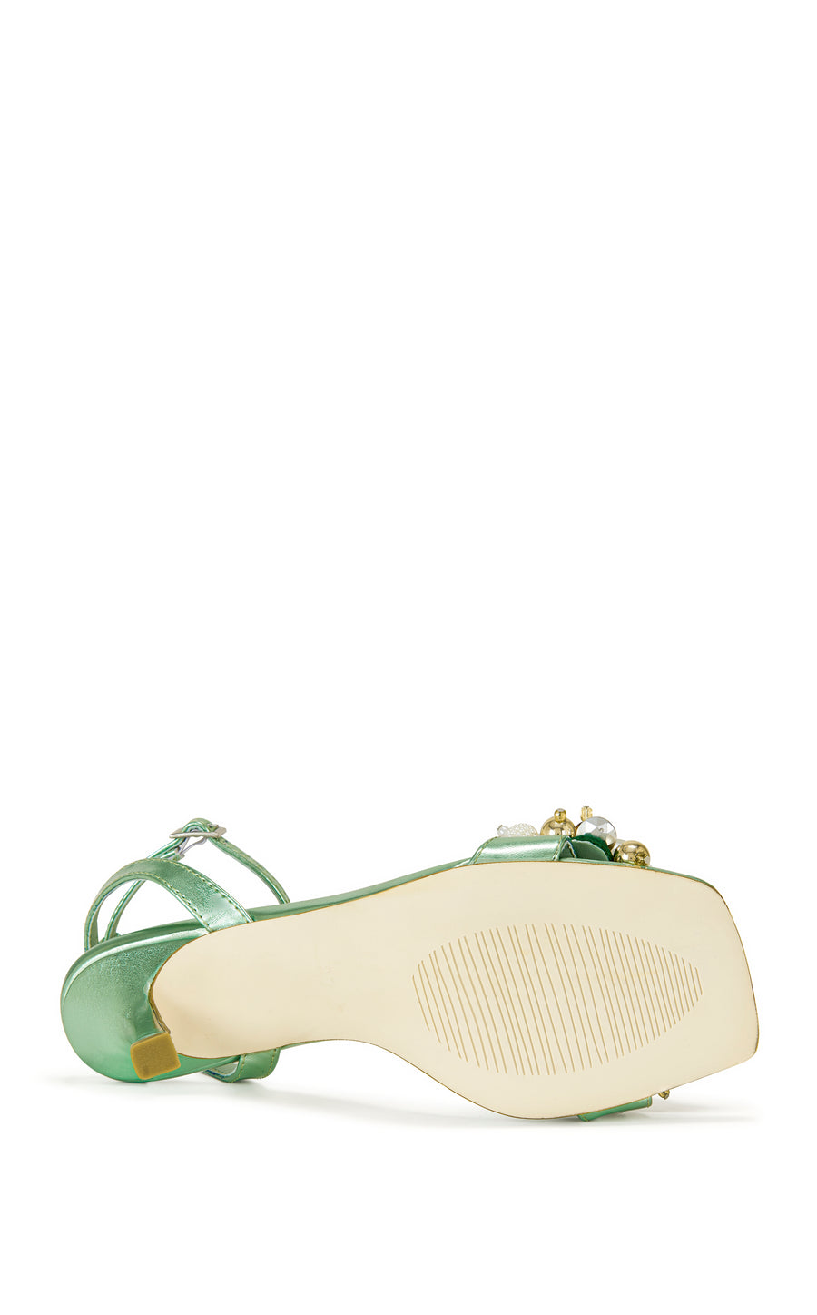 metallic mint green faux leather open toe statement sandals with a stiletto heel, adjustable ankle strap, and faux pearl and seashell embellished foot strap