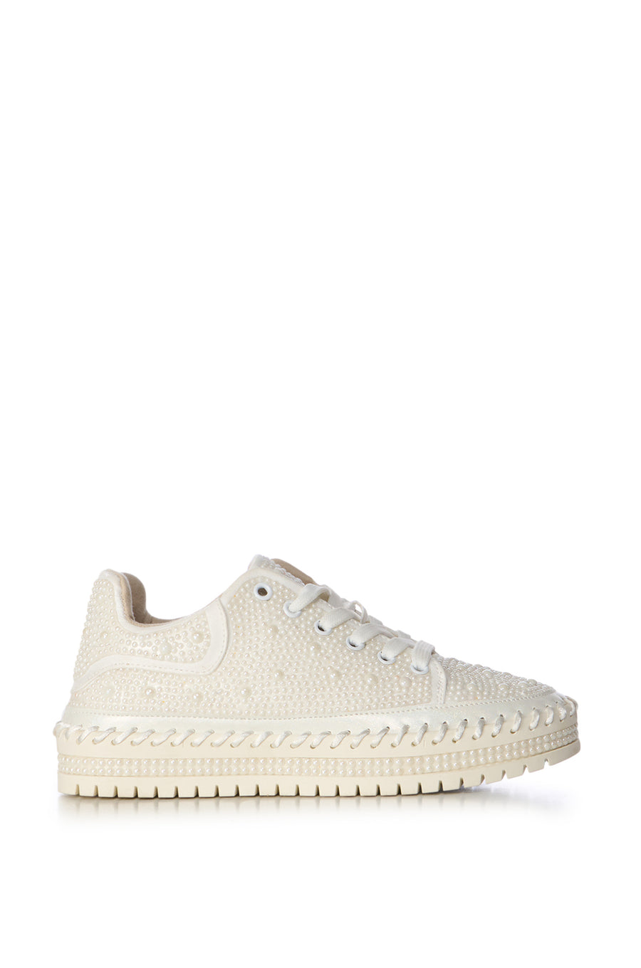 white platform lace up sneakers with faux pearl embellishments all over the upper