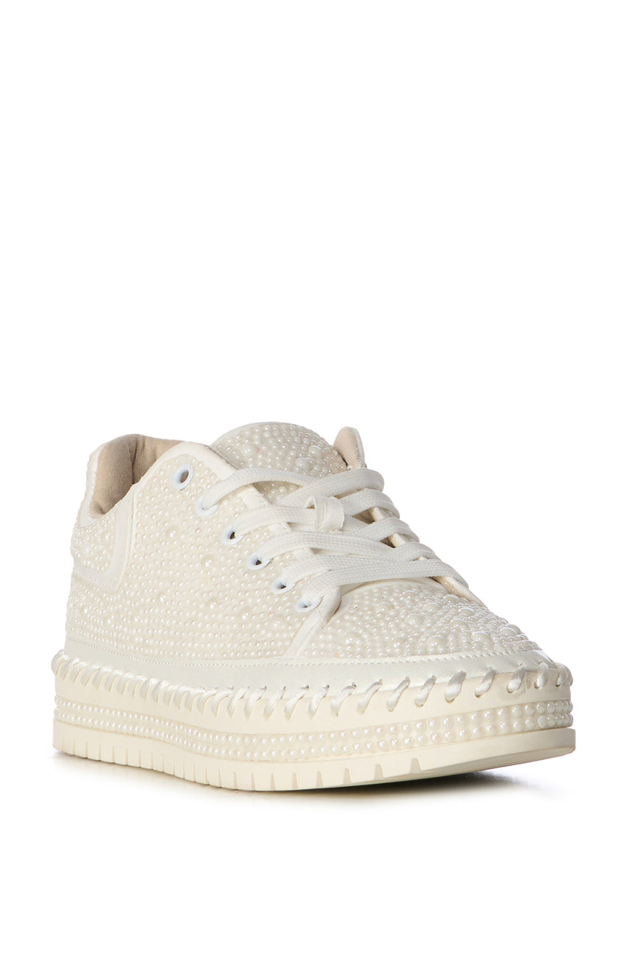 white platform lace up sneakers with faux pearl embellishments all over the upper