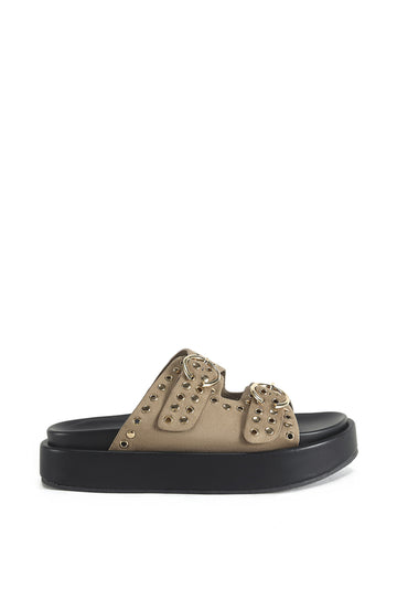open toe slip on sandals with a slightly platform sole and silver stud accents along the straps