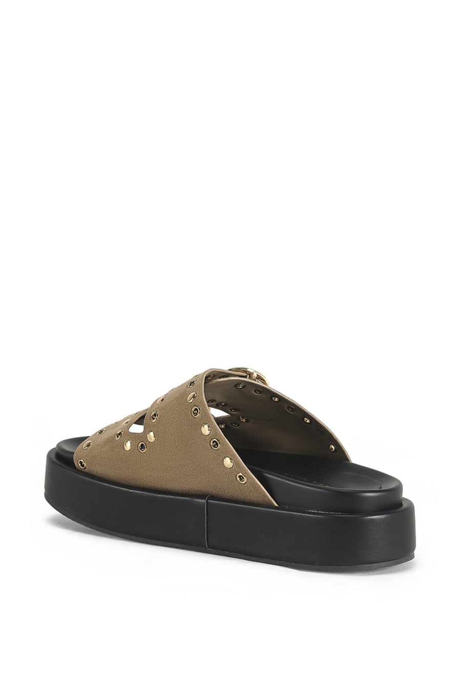 open toe slip on sandals with a slightly platform sole and silver stud accents along the straps