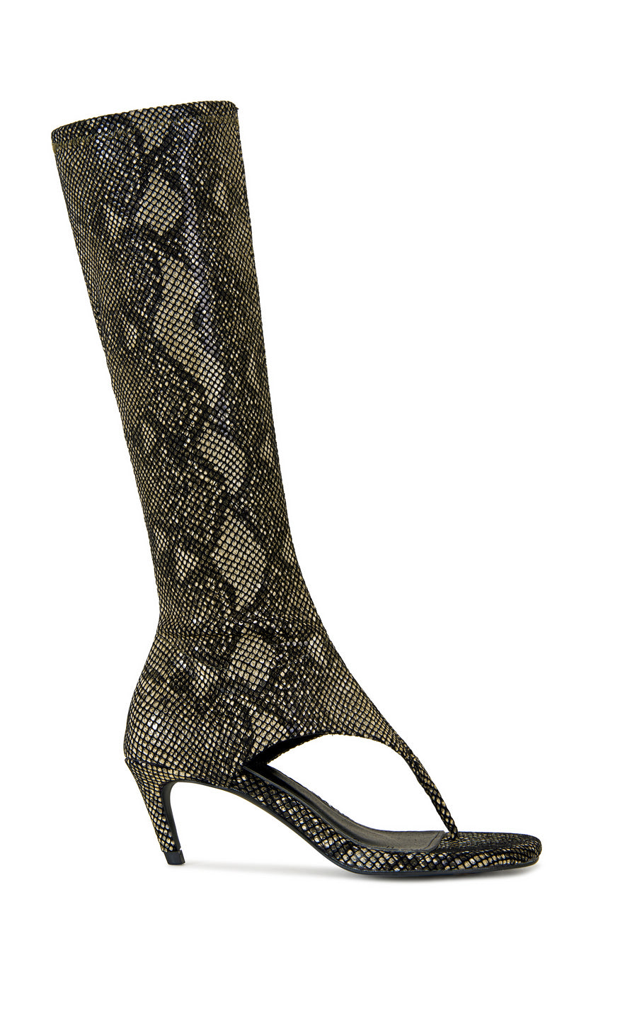 Snake print statement heels with an open toe and a crystal embellished leopard print shaft
