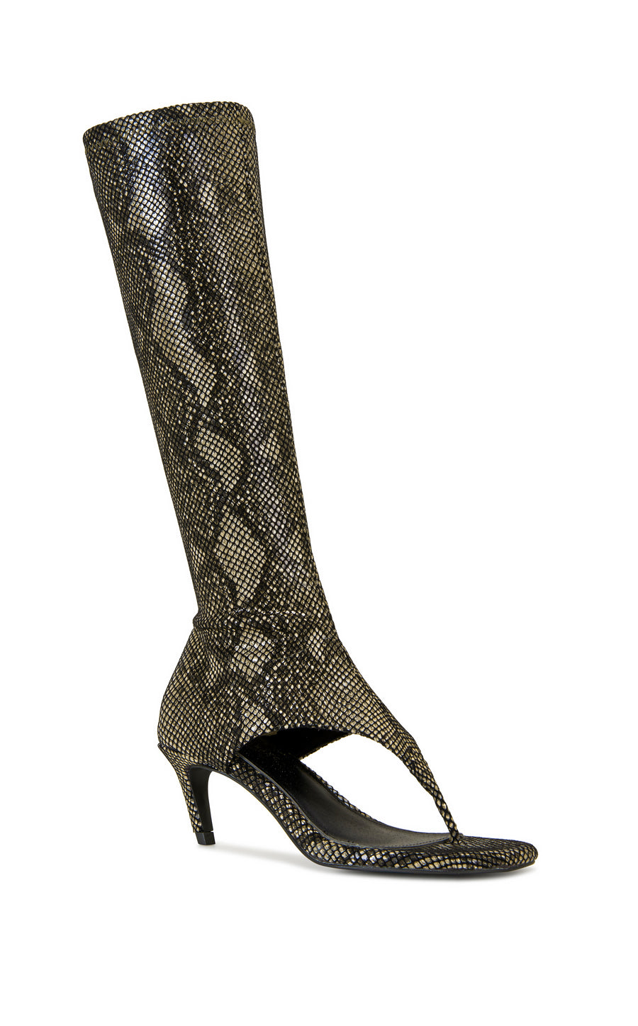 Snake print statement heels with an open toe and a crystal embellished leopard print shaft