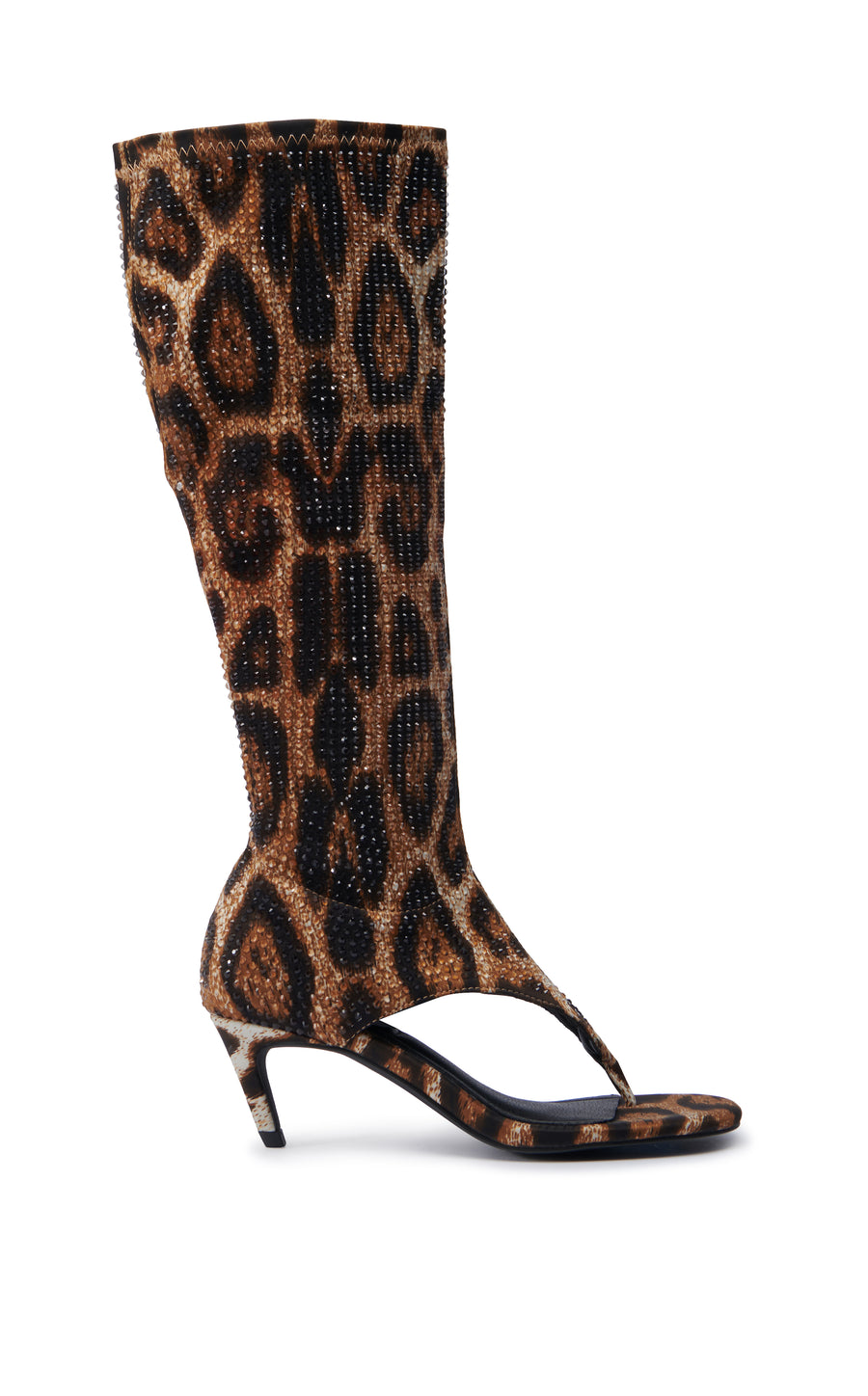 leopard print statement heels with an open toe and a crystal embellished leopard print shaft