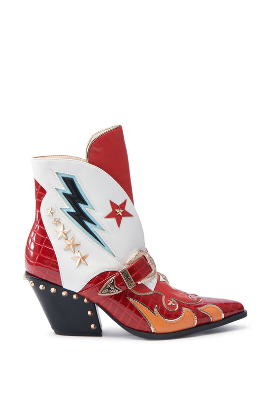 red and white faux leather statement ankle booties with lightning and star accents, with a studded block heel