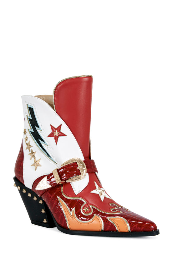 red and white faux leather statement ankle booties with lightning and star accents, with a studded block heel