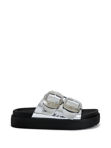 detail shot of metallic silver open toe sandal with western belt strap accents and a black platform sole